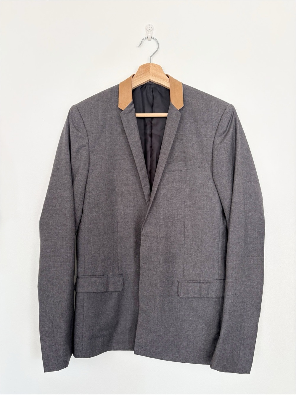 Dior || Leather Contrast Sport Coat Virgin Wool‎ Jacket Blazer Gray Brown 44